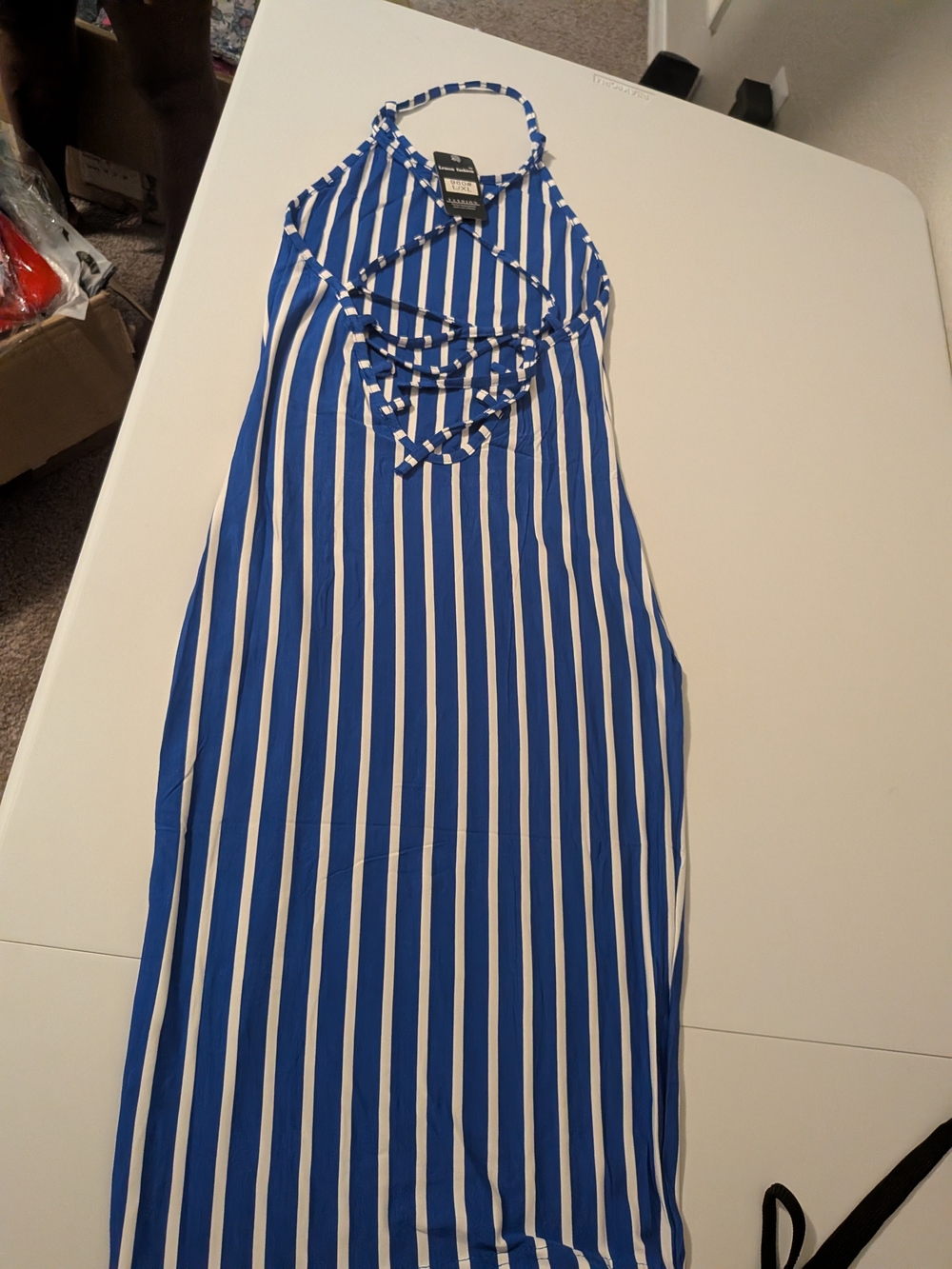 Striped Blue and White Halter Maxi Dress with Crisscross Front